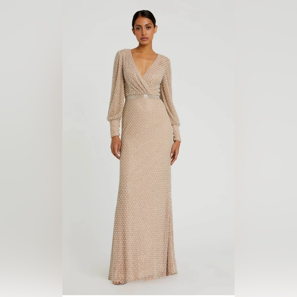 Wrap Over Bishop Sleeve Gown With Pearl Beading Size 10 Color Ivory Nude